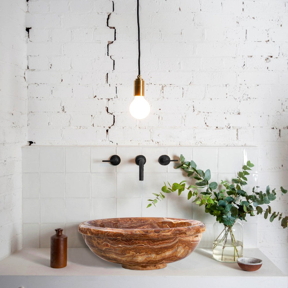 Brown onyx translucent natural stone drop-in vessel sink polished d16 h6 SKU EGEBOXP166 installed on above counter 