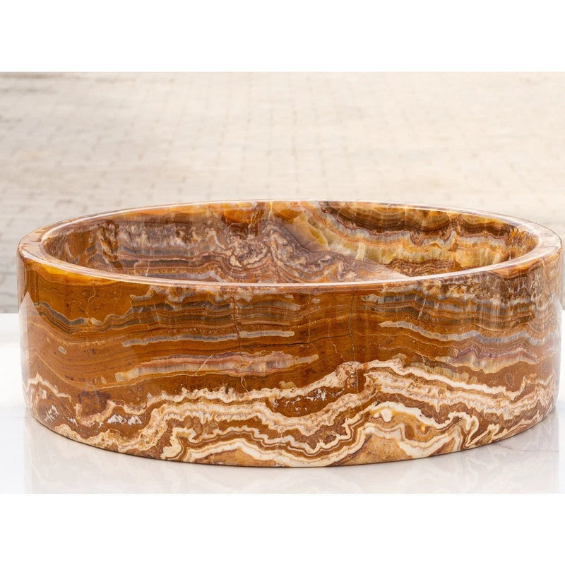 Brown onyx translucent natural stone vessel sink polished d16 h5 SKU EGEBOXPF165 side view