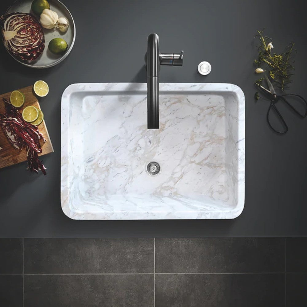 Calacatta Marble Farmhouse Sink (W)12.5" (L)18" (H)5" SKU-NTRVS05 installed on kitchen