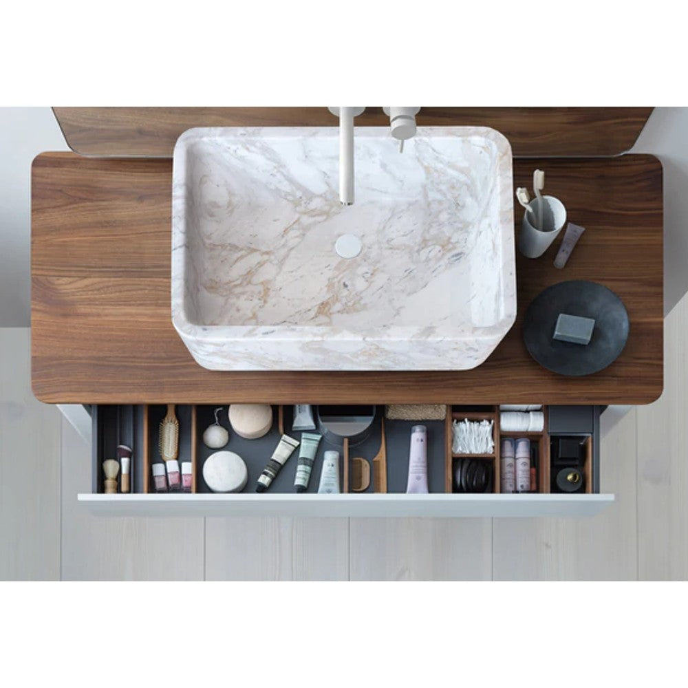 Calacatta Marble Farmhouse Sink (W)12.5" (L)18" (H)5" SKU-NTRVS05 installed on bathroom