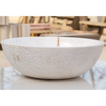 Calacatta white marble vessel sink polished and rough d16 h5 SKU EGECVP165 side view