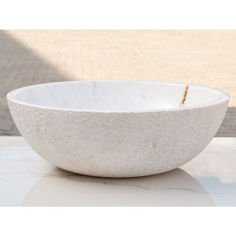 Calacatta white marble vessel sink polished and rough d16 h5 SKU EGECVP165 side view