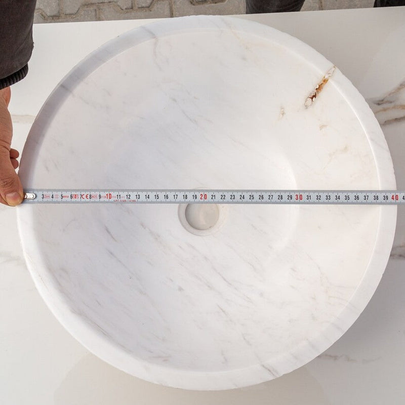 Calacatta white marble vessel sink polished and rough d16 h5 SKU EGECVP165 top diameter view
