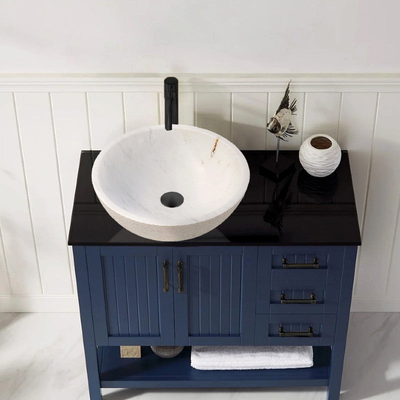 Calacatta white marble vessel sink polished and rough d16 h5 SKU EGECVP165 installed on bathroom above counter