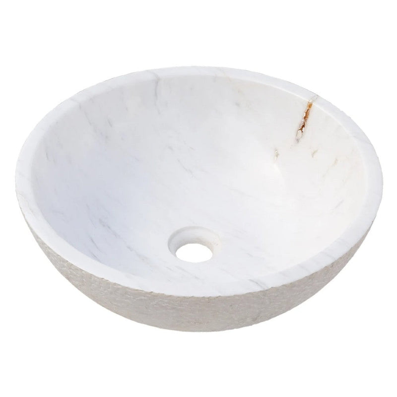 Calacatta white marble vessel sink polished and rough d16 h5 SKU EGECVP165 angle view
