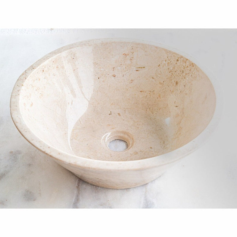 Cappuccino beige natural stone marble V-shape tapered vessel sink polished d16 h6 SKU CBMVTS15 angle view