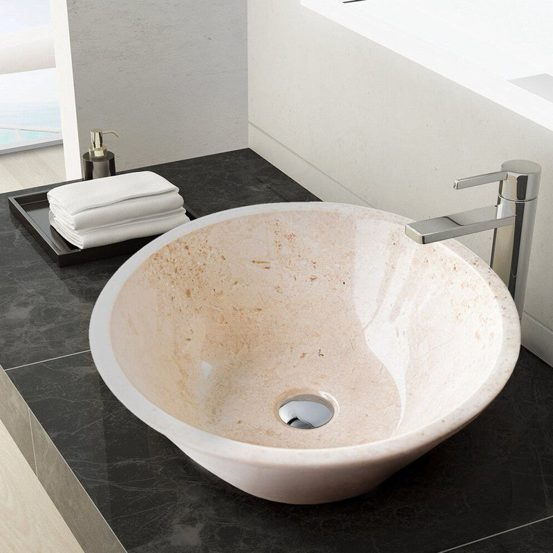 Cappuccino beige natural stone marble V-shape tapered vessel sink polished d16 h6 SKU CBMVTS15 bathroom view