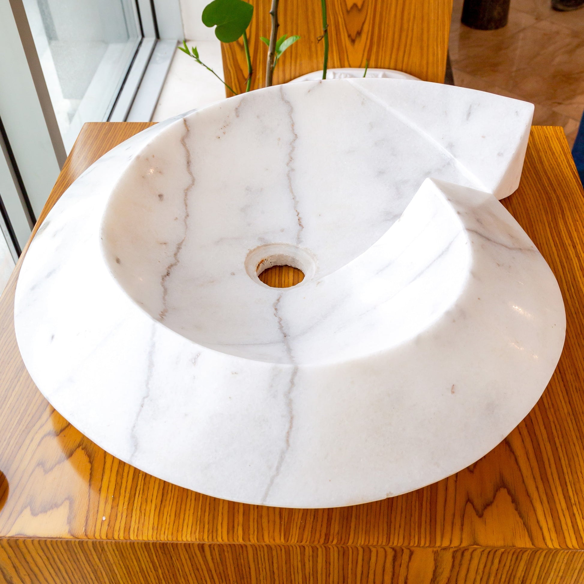 Carrara Marble Helix Shape Sink NTRVS06 Size (W)20" (L)23" (H)4" side view product shot