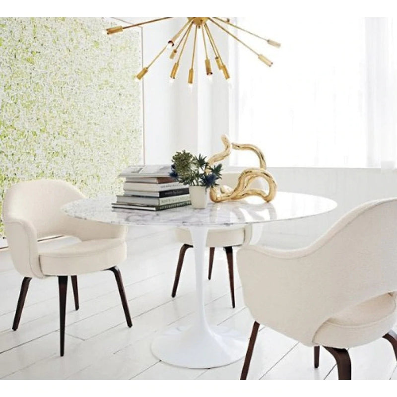 Carrara White genuine marble dinner table round white metal legs dining room shot