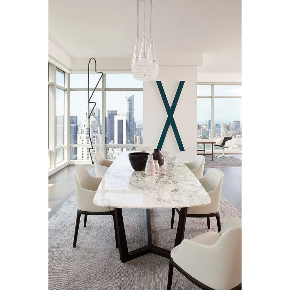 Carrara White genuine marble dinnerr table oval black metal legs nice city view living room shot