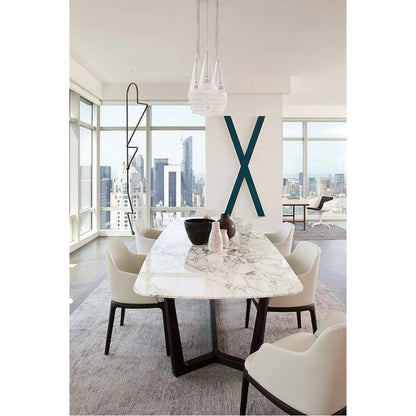 Carrara White genuine marble dinnerr table oval black metal legs nice city view living room shot