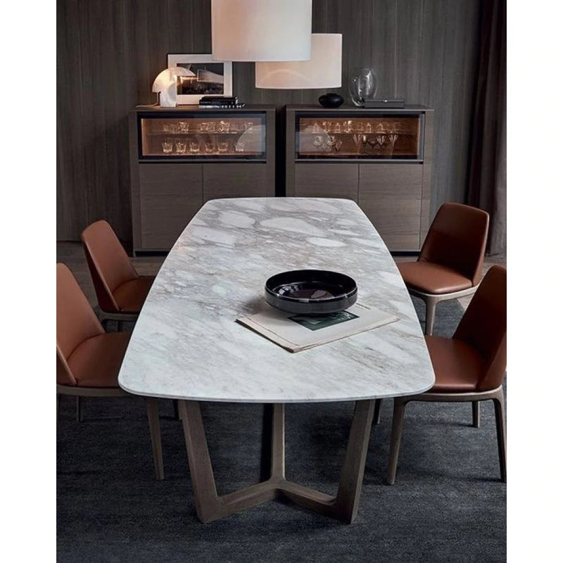Carrara White genuine marble dinnerr table oval black wooden legs office meeting room shot