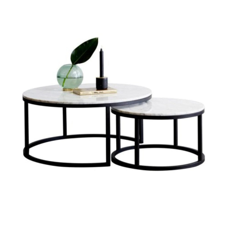 Carrara white genuine marble modern coffee table set of 2 nesting round black metal legs SKU-MSCW3216BL 