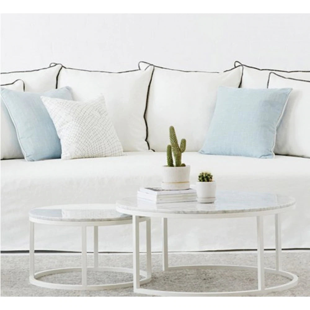 Carrara White genuine marble modern coffee table set of 2 nesting round white metal legs SKU-MSCW3216WL