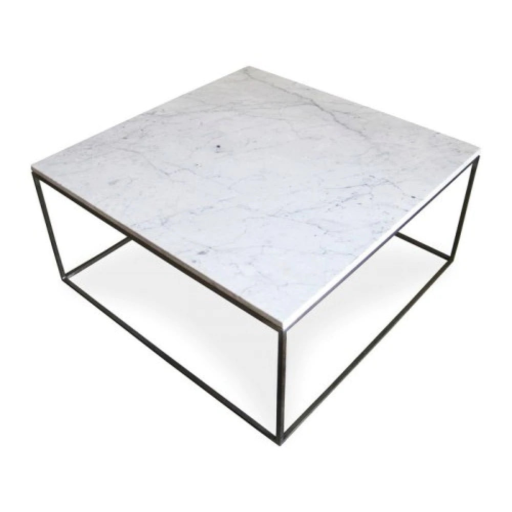 Carrara White marble coffee table 36x36 square black paint legs on white background