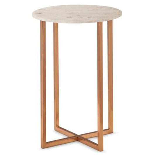 Carrara White marble side table D14-H18 round copper legs SKU-MSCWST14x20CP Product shot on whitw background