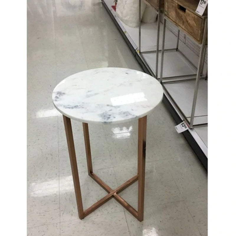 Carrara White marble side table D14-H18 round copper legs SKU-MSCWST14x20CP