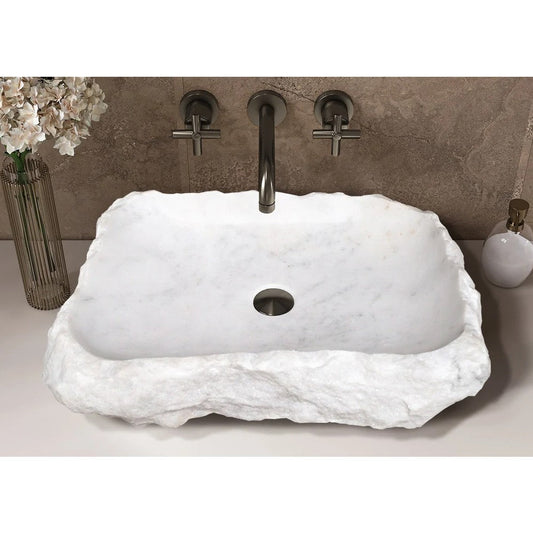 Carrara marble rustic natural stone Vessel Sink Polished Hand Chiseled size (W)16" (L)22" (H)5" SKU-NTRSTC15 installed on bathroom