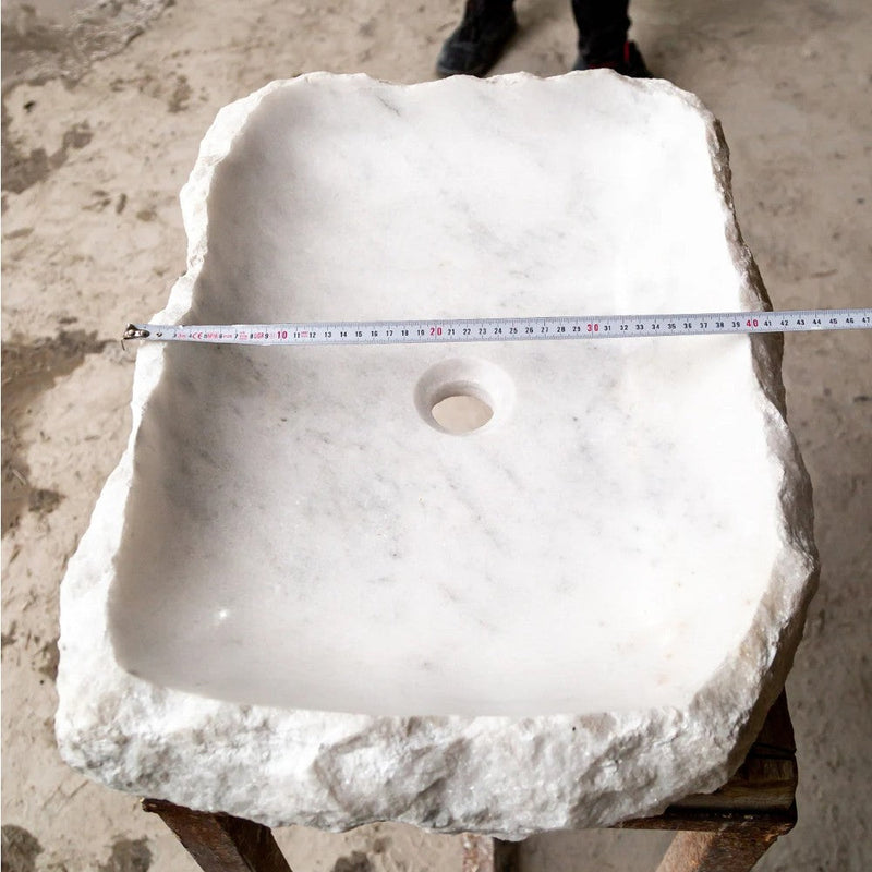 Carrara marble rustic natural stone Vessel Sink Polished Hand Chiseled size (W)16" (L)22" (H)5" SKU-NTRSTC15 product shot width measure