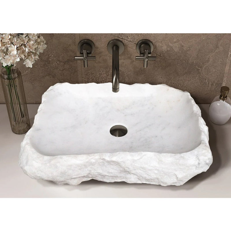 Carrara marble rustic natural stone Vessel Sink Polished Hand Chiseled size (W)16" (L)22" (H)5" SKU-NTRSTC15 installed on bathroom