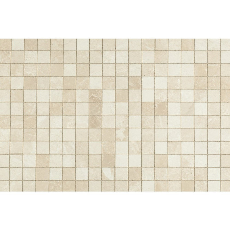 Crema marfil beige marble mosaic 2"x2" polished SKU-10083731 multi top view