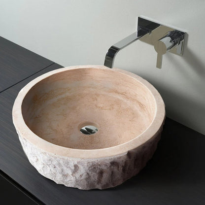 Denizli Beige Travertine Rustic Stone Vessel Sink Honed and Hand-chiseled D16 H6 SKU CM-B-005-BL bathroom view