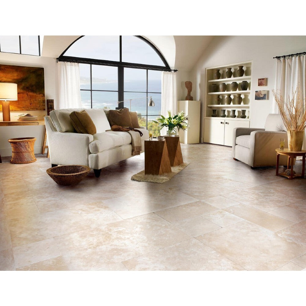 Denizli beige antique French pattern travertine tile size pattern set surface brushed chiseled SKU-10071438 installed on living room floor