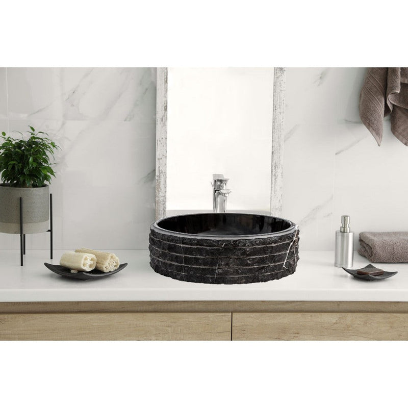 Toros Black Marble Vessel Bathroom Sink Bowl Polished Interior and Combed/Rough Exterior (D)16" (H)5"