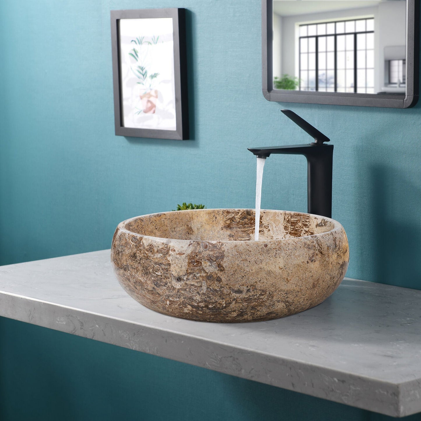 Valencia Beige Travertine Natural Stone Vessel Sink Filled and Polished (D)16" (H)6"