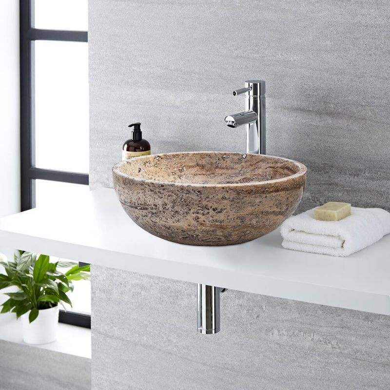 Valencia Beige Travertine Natural Stone Vessel Sink Filled and Polished (D)16" (H)6"