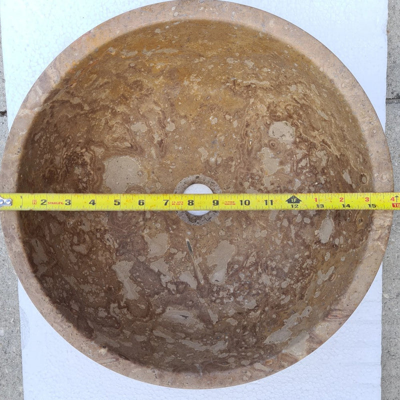 Fontane Dark Walnut Travertine Natural Stone undermount Sink Honed Filled D16 H6 SKU-HSVSFDWUS01 product shot diameter measure  view