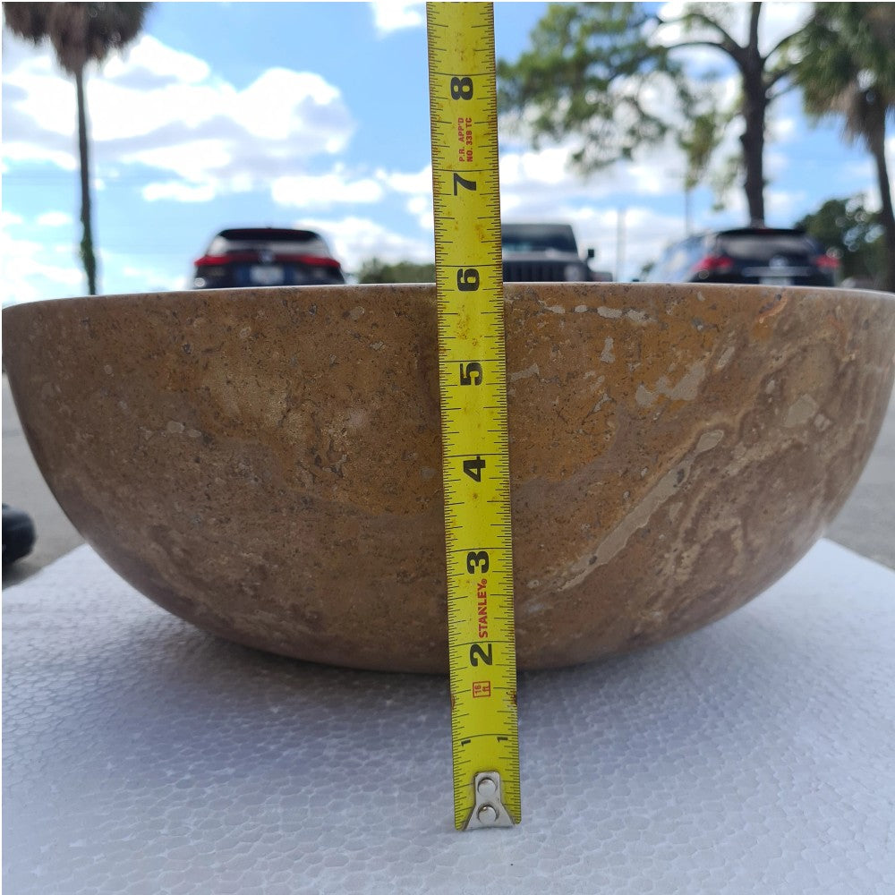 Fontane Dark Walnut Travertine Natural Stone undermount Sink Honed Filled D16 H6 SKU-HSVSFDWUS01 product shot height measure view