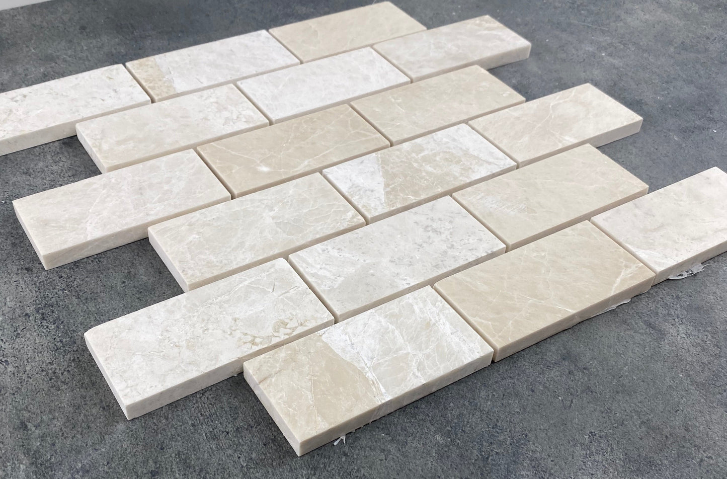 Vanilla Beige Marble 2"x4" Brick Honed on 12" x 12" Mesh Mosaic Tile