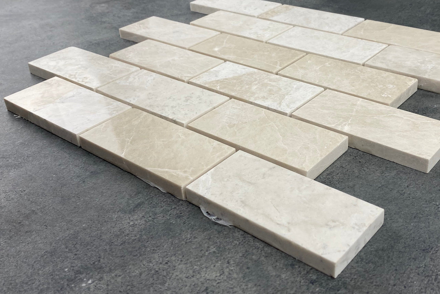 Vanilla Beige Marble 2"x4" Brick Honed on 12" x 12" Mesh Mosaic Tile