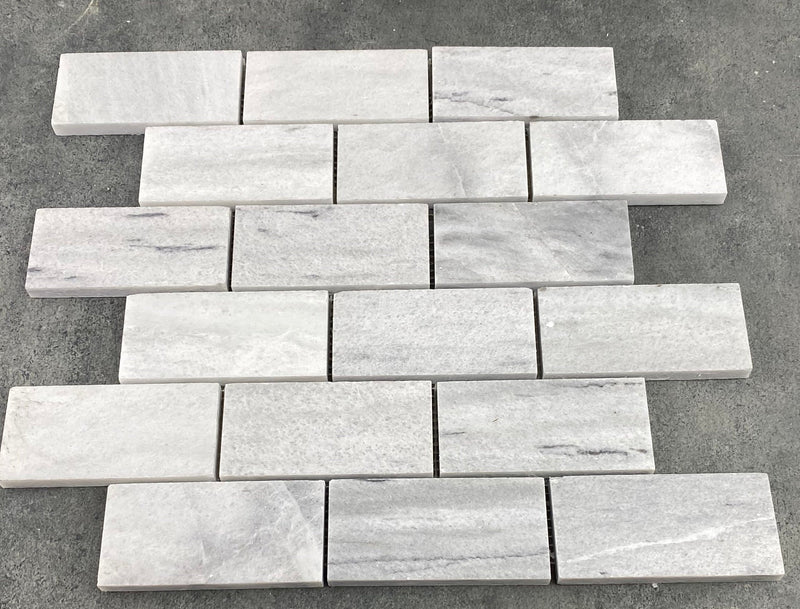 Solto White Marble 2"x4" Brick Honed on 12" x 12" Mesh Mosaic Tile