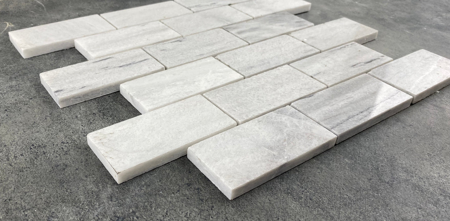 Solto White Marble 2"x4" Brick Honed on 12" x 12" Mesh Mosaic Tile