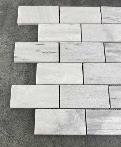 Solto White Marble 2"x4" Brick Honed on 12" x 12" Mesh Mosaic Tile