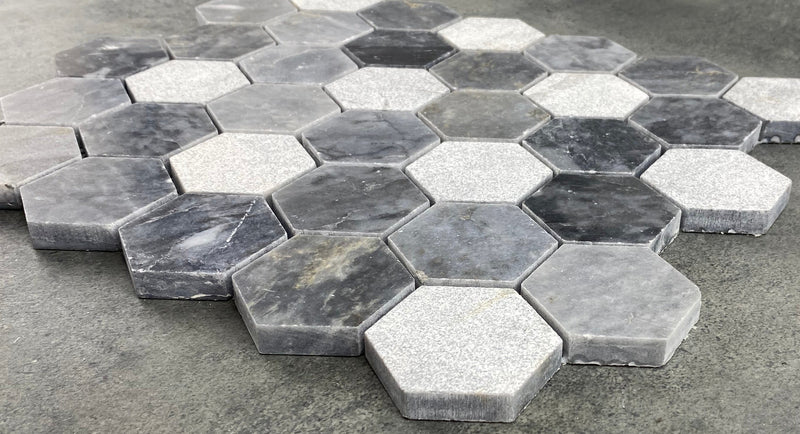 Luna Sky Marble 2" Hexagon Mixed Finish on 12" x 12" Mesh Mosaic Tile