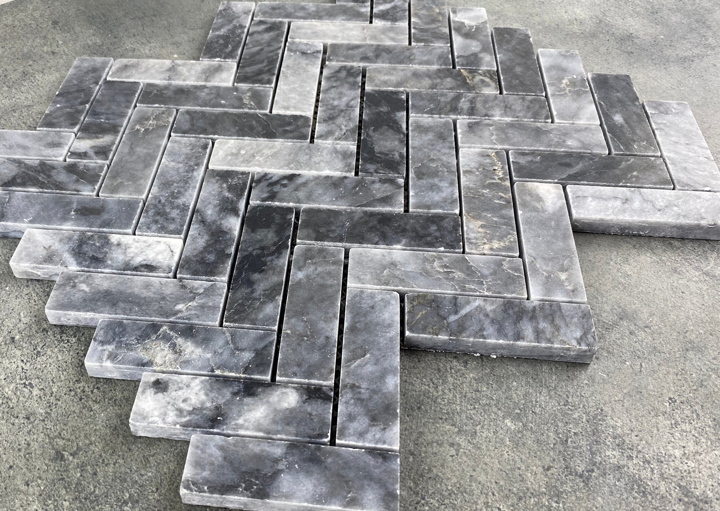 Luna Sky Marble 1"x3" Herringbone on 12" x 12" Mesh Mosaic Tile