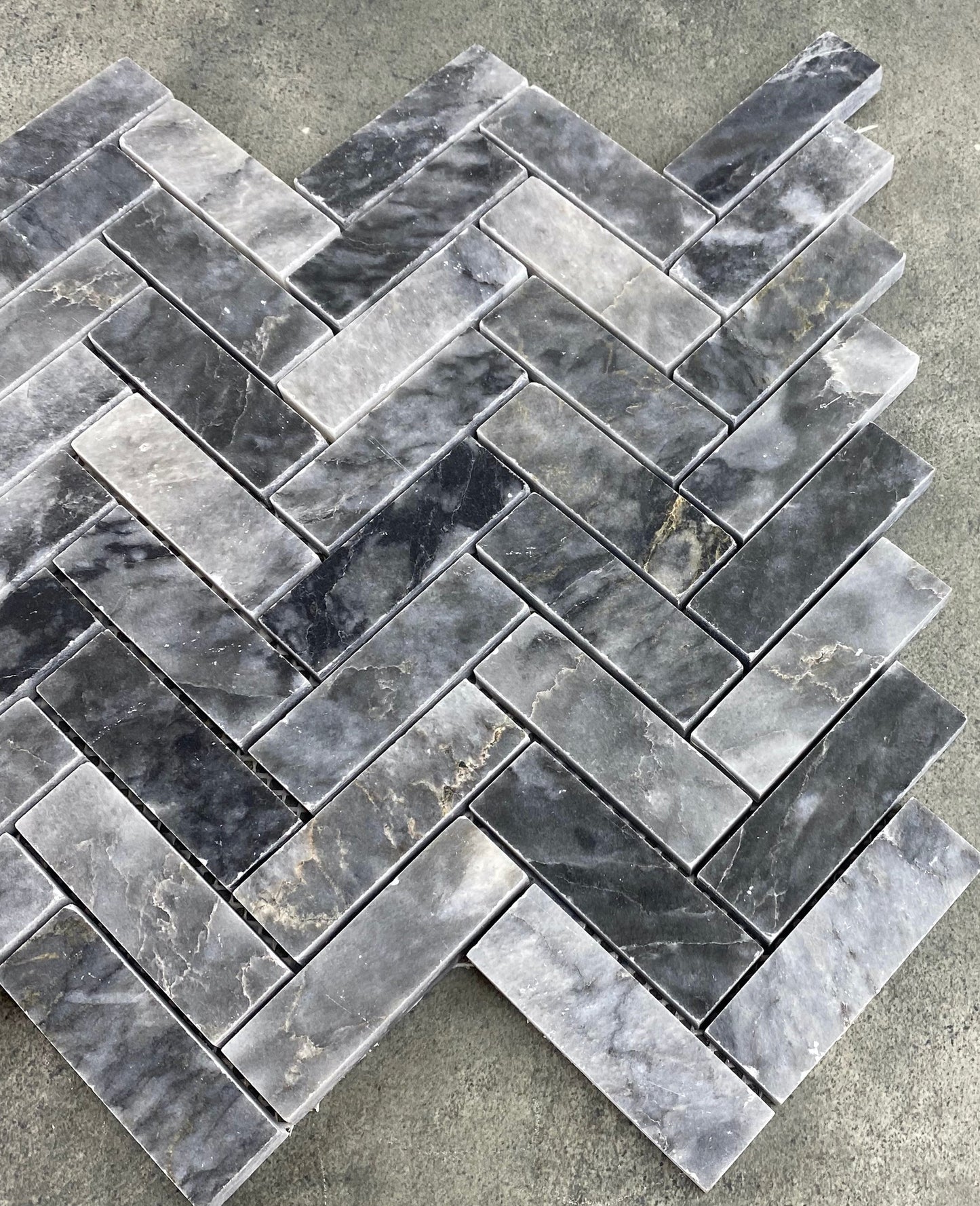 Luna Sky Marble 1"x3" Herringbone on 12" x 12" Mesh Mosaic Tile