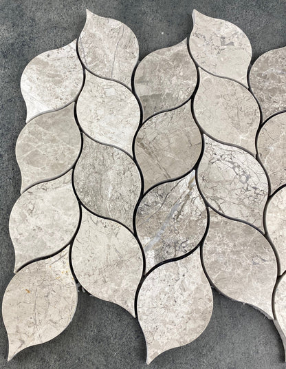 Silver Shadow Marble Leaf Design on 12" x 12" Mesh Mosaic Tile