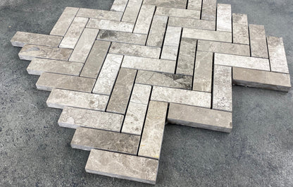 Silver Shadow Marble 1"x3" Herringbone on 12" x 12" Mesh Mosaic Tile