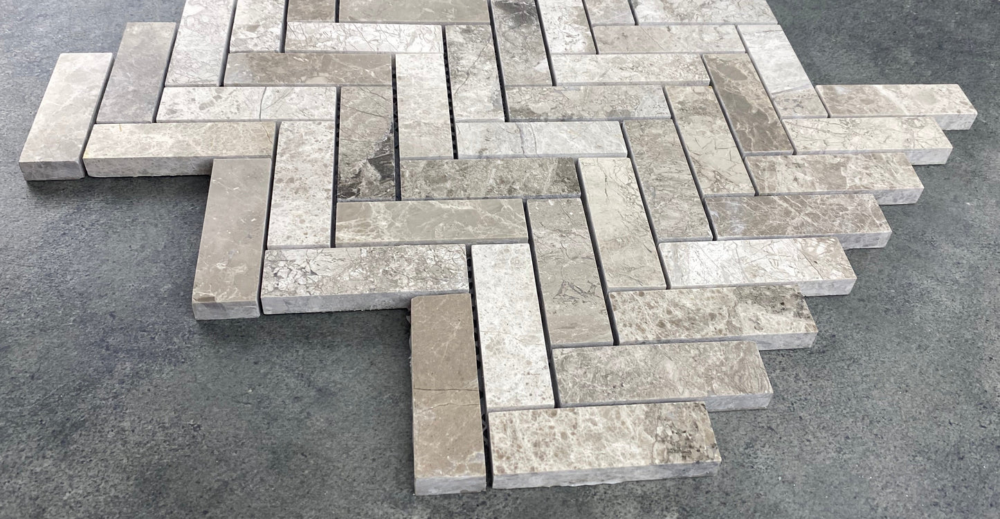 Silver Shadow Marble 1"x3" Herringbone on 12" x 12" Mesh Mosaic Tile