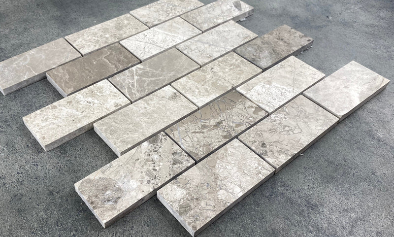 Silver Shadow Marble 2"x4" Brick Honed on 12" x 12" Mesh Mosaic Tile