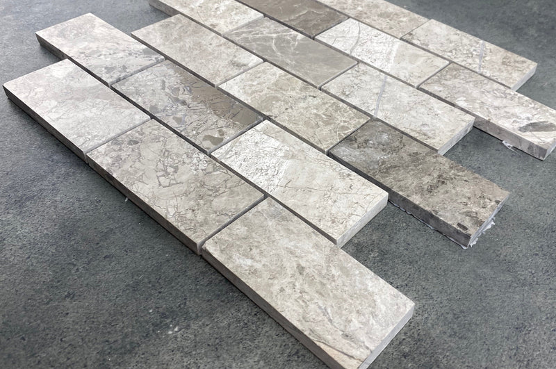 Silver Shadow Marble 2"x4" Brick Honed on 12" x 12" Mesh Mosaic Tile