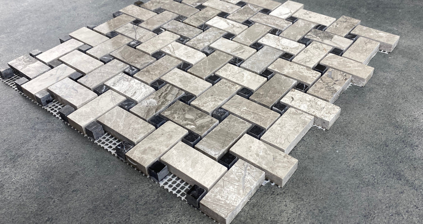 Silver Shadow Marble Basketweave Design on 12" x 12" Mesh Mosaic Tile