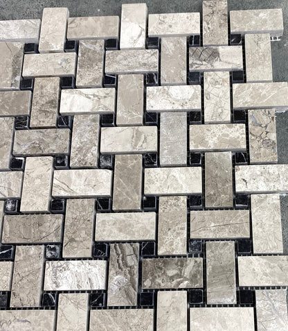 Silver Shadow Marble Basketweave Design on 12" x 12" Mesh Mosaic Tile