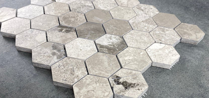 Silver Shadow Marble 2" Hexagon on 12" x 12" Mesh Mosaic Tile