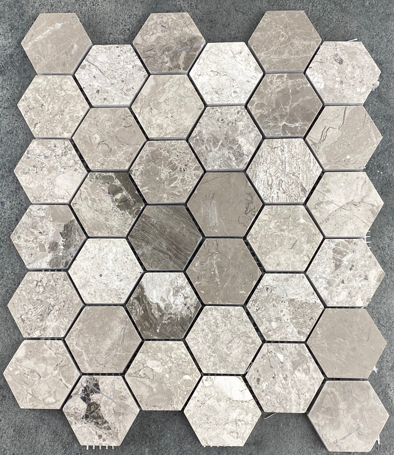 Silver Shadow-Carrara White Mix Marble 2" Hexagon on 12" x 12" Mesh Mosaic Tile