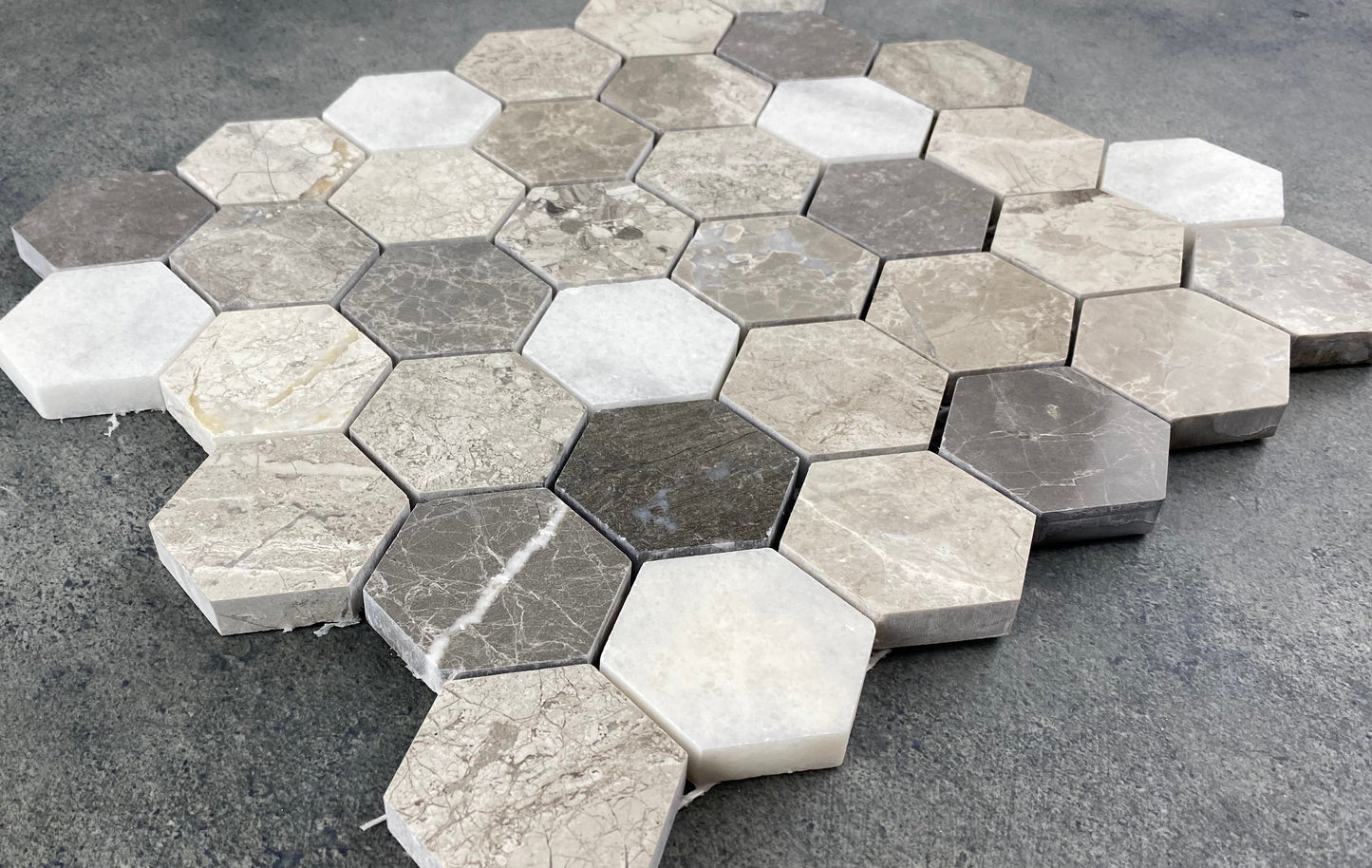 Silver Shadow Marble 2" Hexagon on 12" x 12" Mesh Mosaic Tile